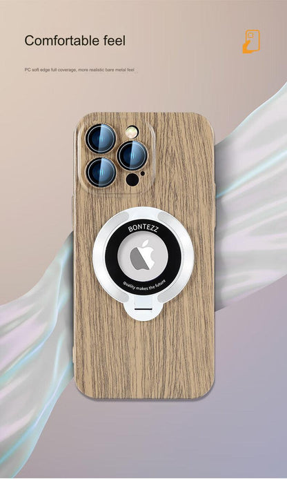 Stylish Magnetic Phone Case with Stand for iPhone 14/15 - All-Weather Protection & Premium Wood Finish