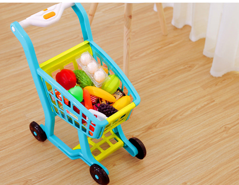 interactive toy shopping cart with yellow accents and music