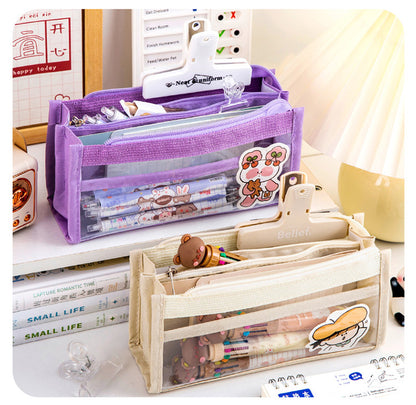 multiple compartments in mesh pencil case displayed