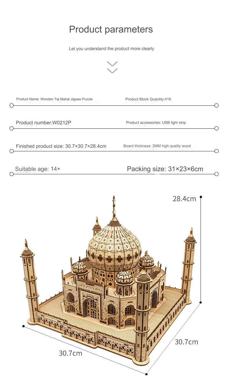 Taj Mahal Wooden Model Kit with LED Lighting - DIY 3D Puzzle for Kids Ages 7-14 | Unique Decorative Collectible