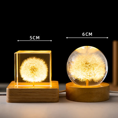 3D engraved dandelion in crystal ball night lamp with wooden base