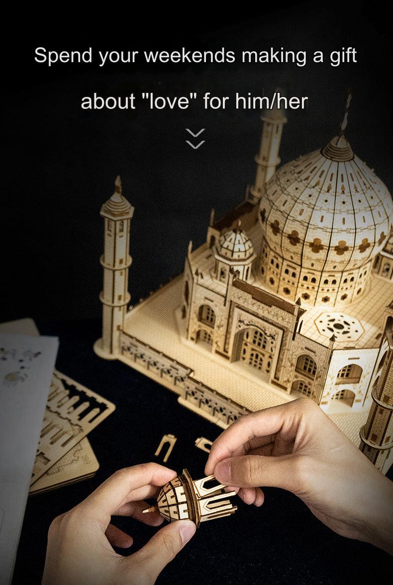 Taj Mahal Wooden Model Kit with LED Lighting - DIY 3D Puzzle for Kids Ages 7-14 | Unique Decorative Collectible