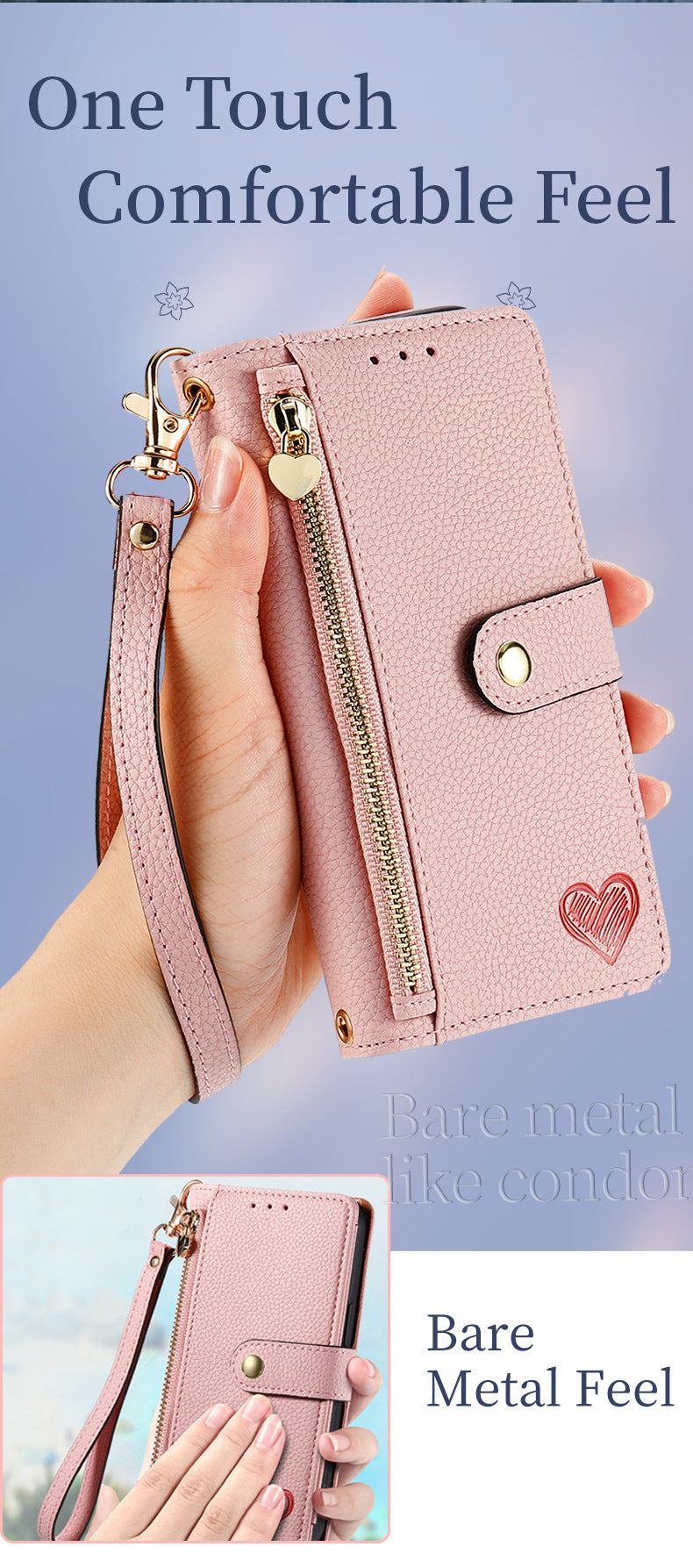 Stylish iPhone 16 Pro Max Heart-Shaped PU Leather Case with RFID Protection & Adjustable Strap