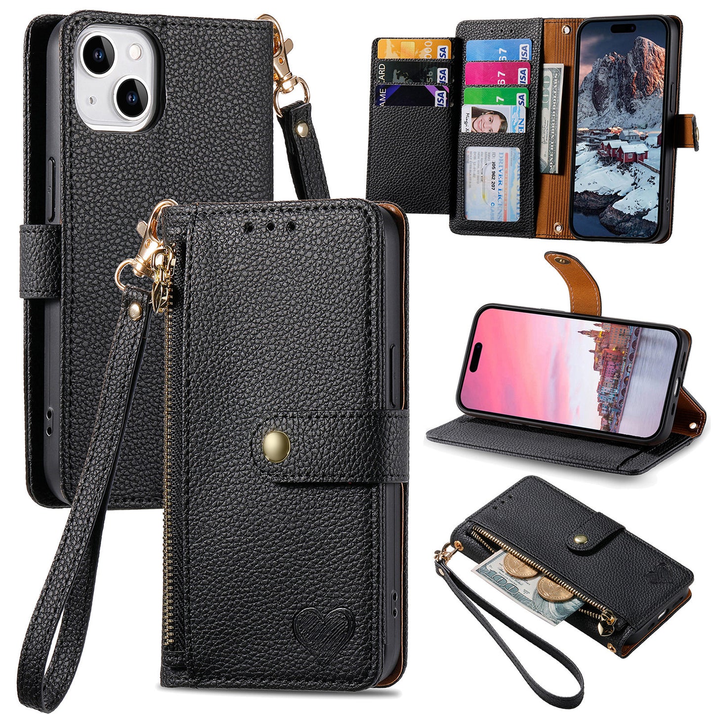 Stylish iPhone 16 Pro Max Heart-Shaped PU Leather Case with RFID Protection & Adjustable Strap