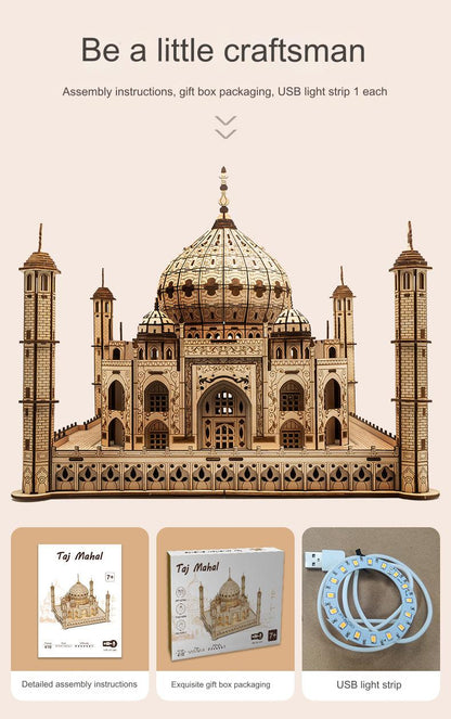 Taj Mahal Wooden Model Kit with LED Lighting - DIY 3D Puzzle for Kids Ages 7-14 | Unique Decorative Collectible