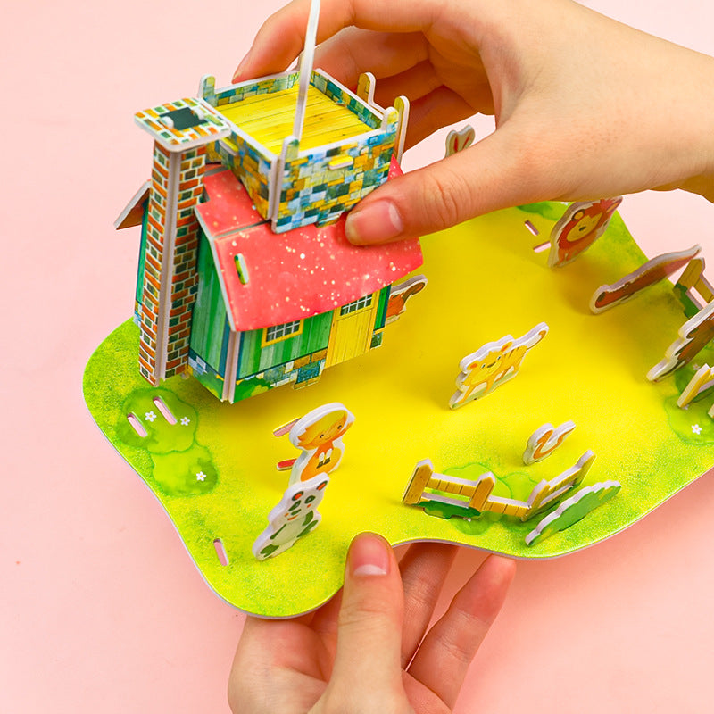 child assembling 3D puzzle of fantasy castle