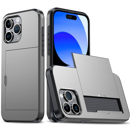 Versatile Shockproof Sliding Card Case for iPhone & Samsung - Durable PC+TPU with Multiple Colors