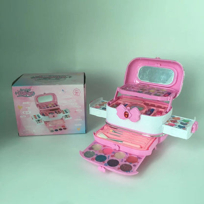 child applying makeup from kid’s cosmetic set in travel case