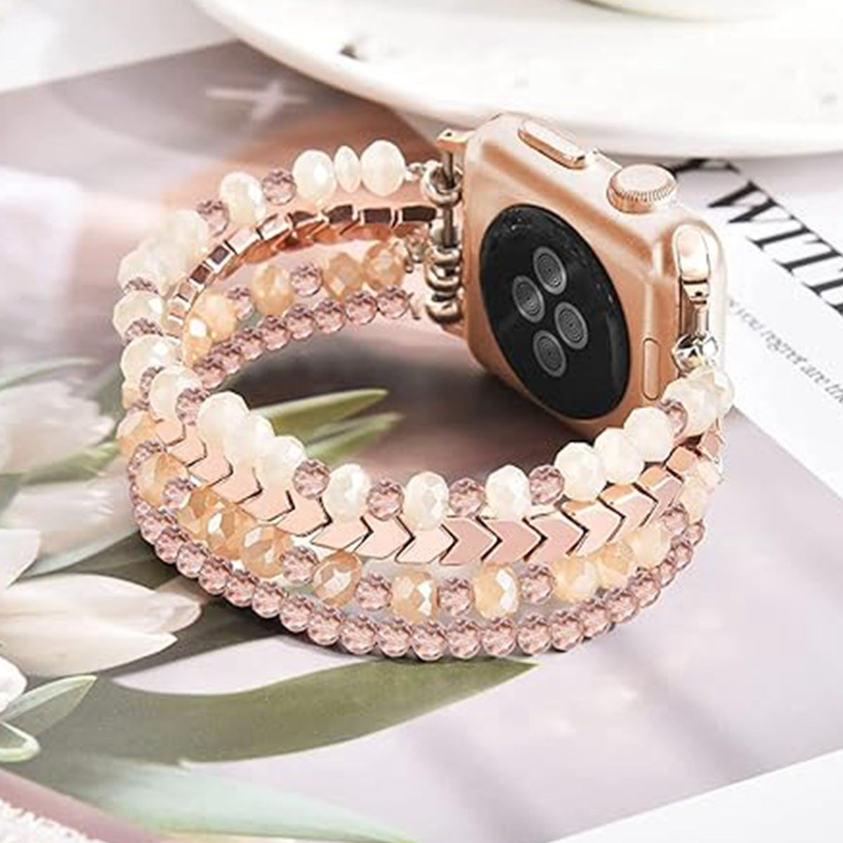 Elegant Crystal Beaded Apple Watch Band – Fashionable Stainless Steel Strap for 38mm/40mm/41mm and 42mm/44mm/45mm Models