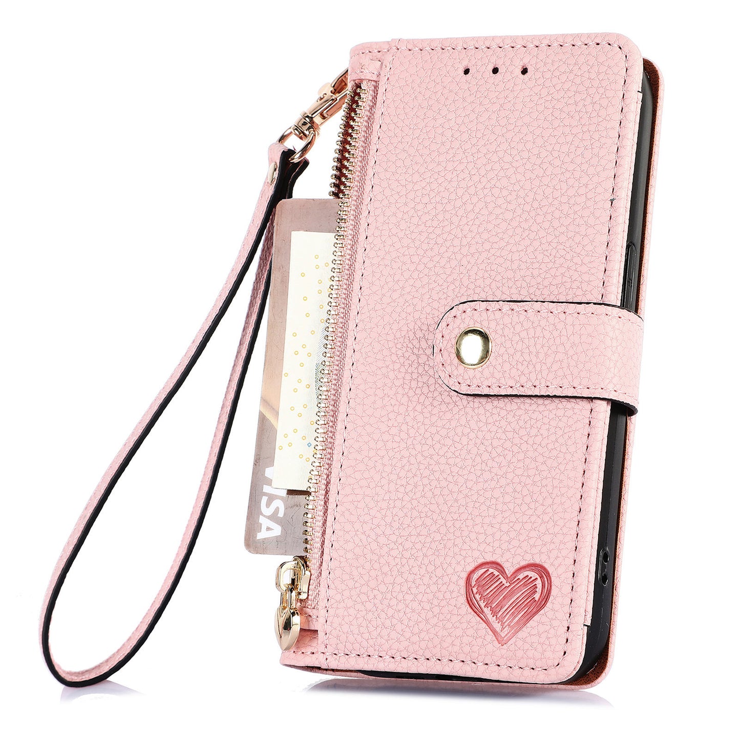 Stylish iPhone 16 Pro Max Heart-Shaped PU Leather Case with RFID Protection & Adjustable Strap