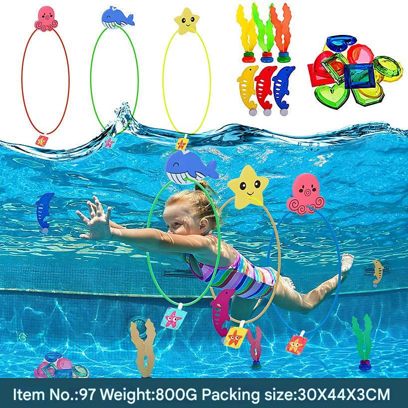 various pool dive toys in use